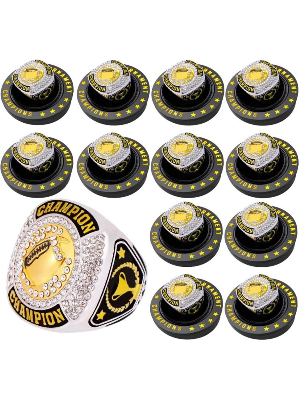 12 Pcs Football Championship Rings Trophy Set with Display Chain & Stand - Award